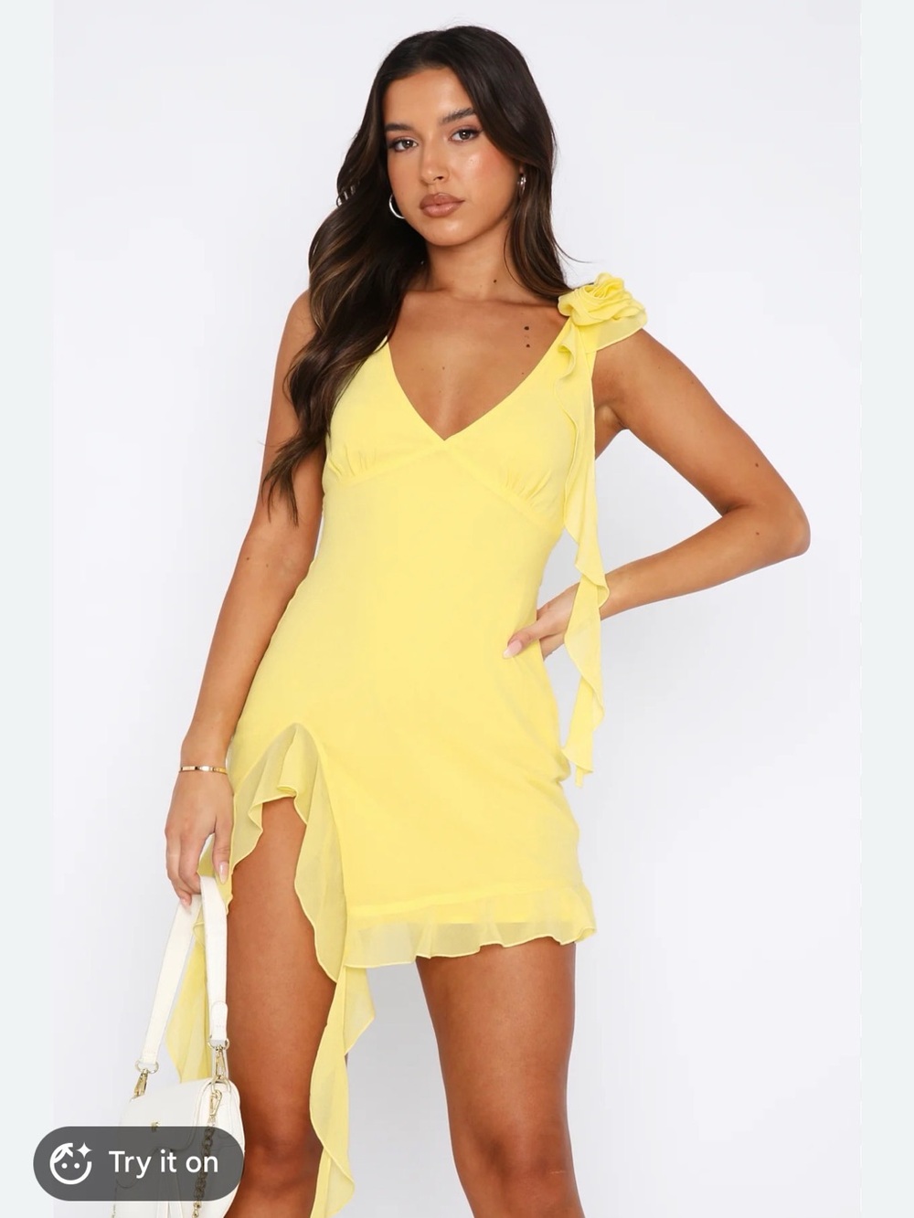White Fox Boutique Yellow One-Shoulder Ruffle Mini Dress